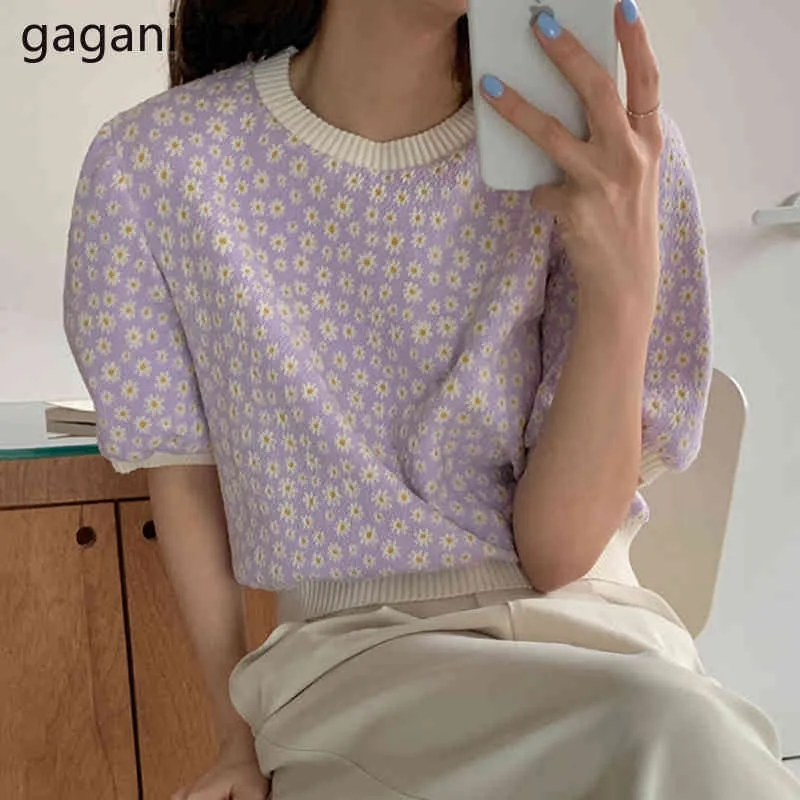 Gaganight Sweet Femmes Tricoté Fleur Tshirt Petite Marguerite Summer Fashion Lady Tee Shirts Chic Coréen All Match Drop 210519