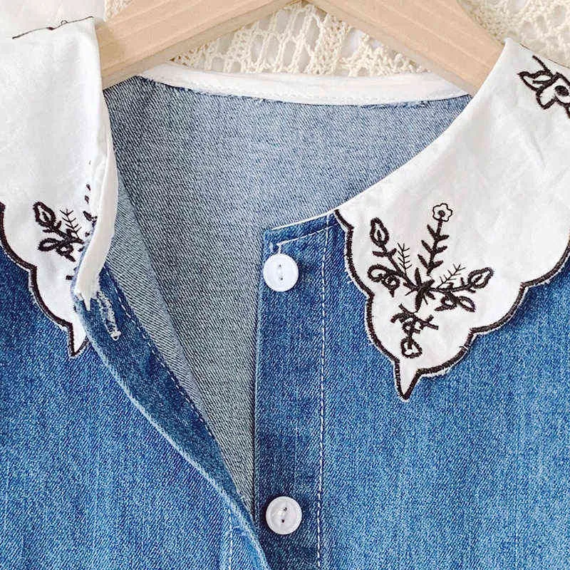 Humor Bear Autumn Denim Dress Girls Lapel Print Puff Sleeve Embroidery Korean Long Baby Kids 220110