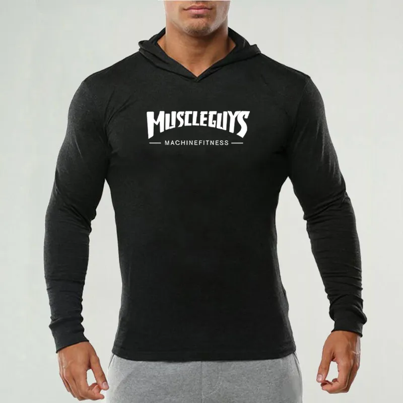 Fitness homens moda sportswear com capuz t-shirt homens manga comprida bodybuilding camiseta homem gym basculador sapates treino tshirt 210421