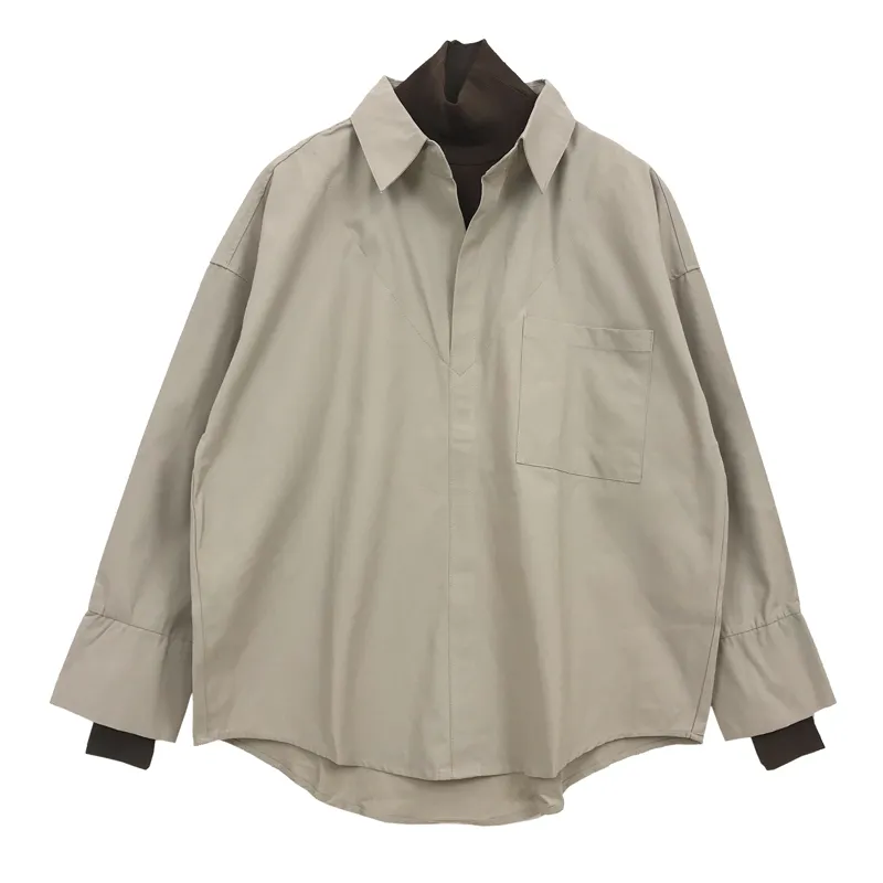IEFB coreano falsifica dois pedaços camisa de manga comprida para homens solta patchwork de grande colar de alta colar na moda blusa moda 9Y5166 210524