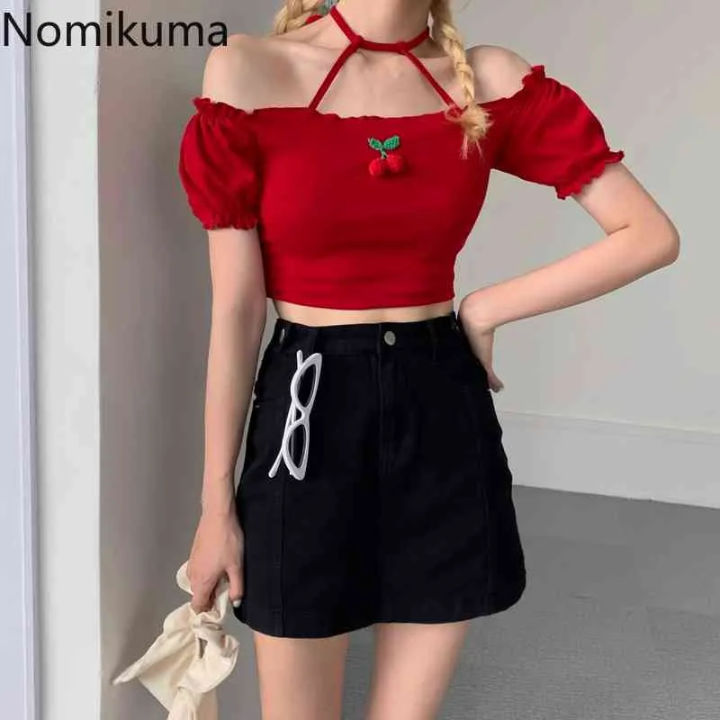 Nomikuma Estate Crop Top Donna 3D Cherry Design Maglietta a maniche corte Slim Fit Magliette a vita alta Stile giapponese Dolce Camisetas 210514