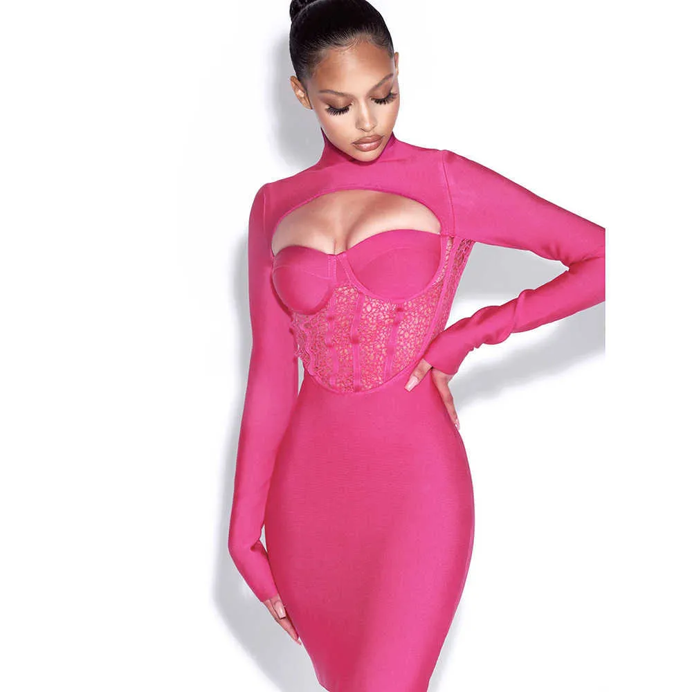 Ocstrade Bandage Dress Sexy Hollow Out Rose Red Bodycon Spring Women Long Sleeve Night Club Party es 210527