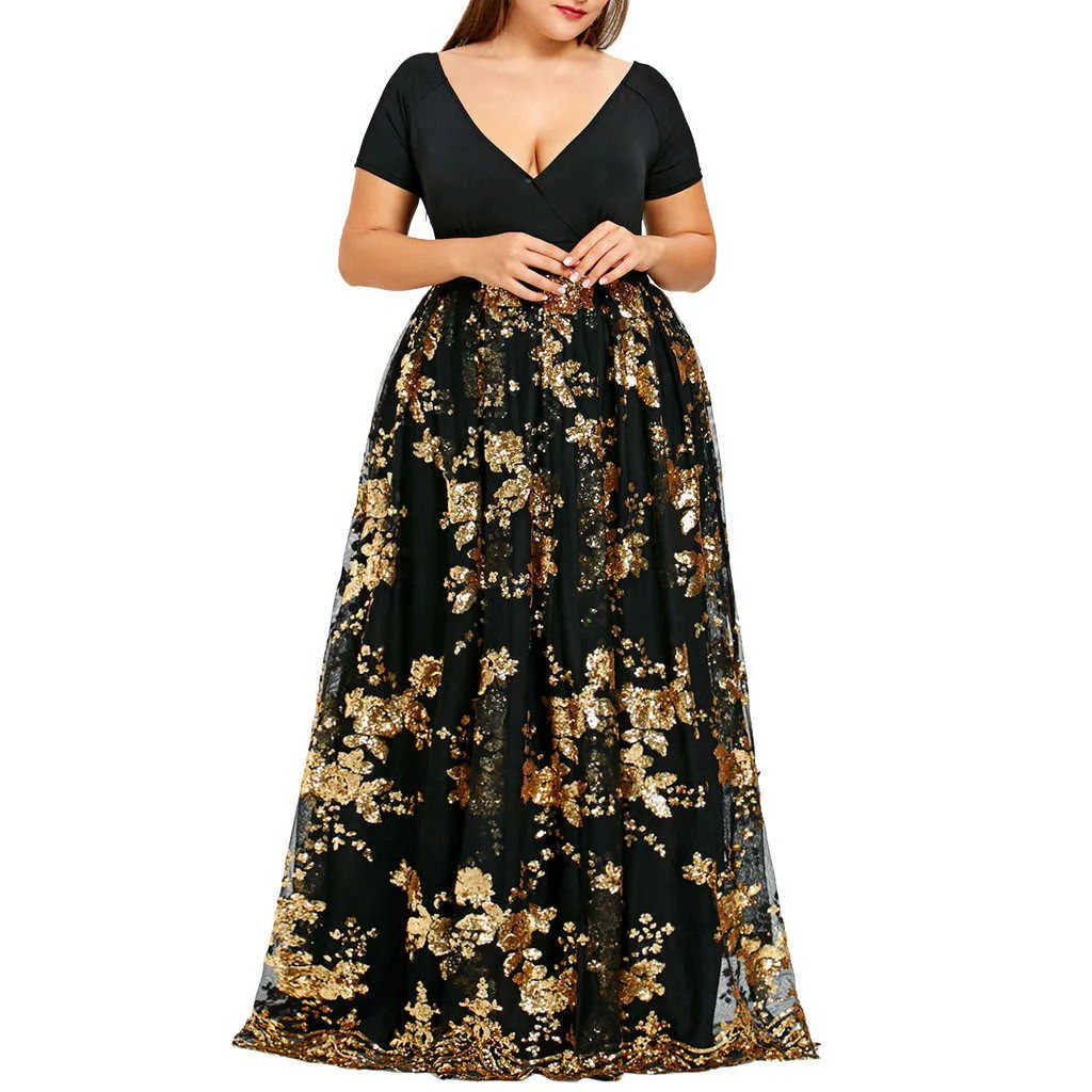 2021 femmes grande taille robe florale paillettes soirée robe en maille grande taille col en v à manches courtes fleur maille robe Y1006