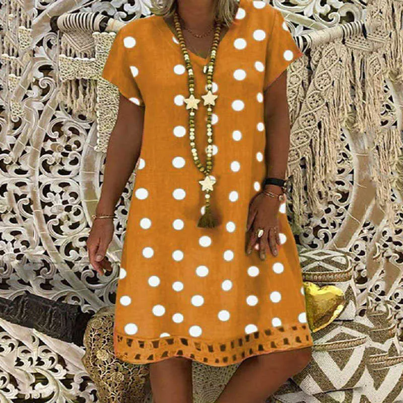 Shimai 2021 S-5XL plus storlek dot klänning lösa damer orange gul sommar klänningar för kvinnor casual kläder pareos de playa mujer y1006