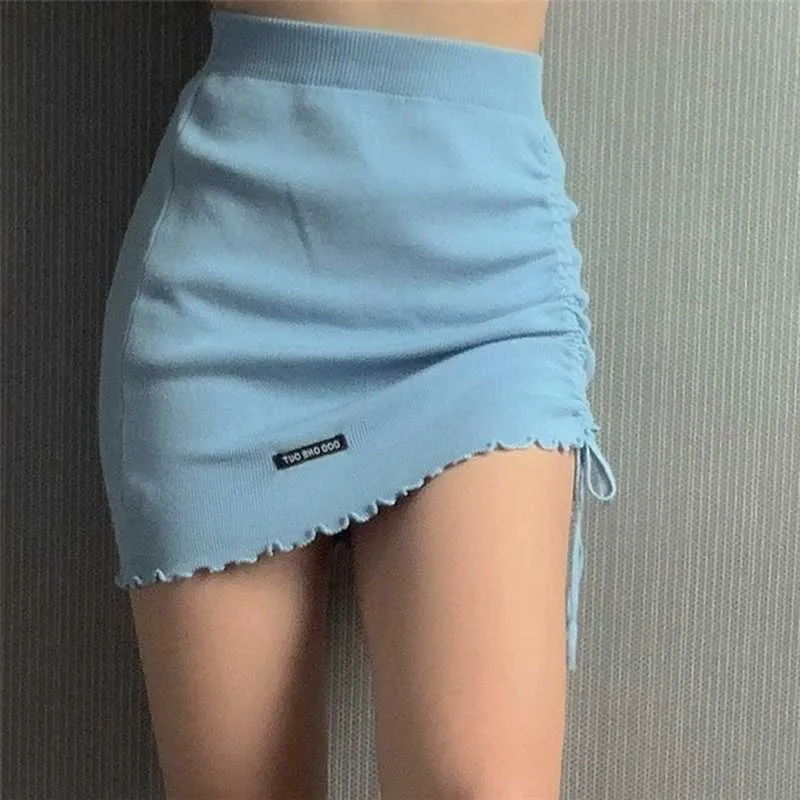 Minifalda Sexy de verano con cordón de cintura alta para mujer, abrigo elástico de punto a la cadera, ropa caqui Y2k 210604
