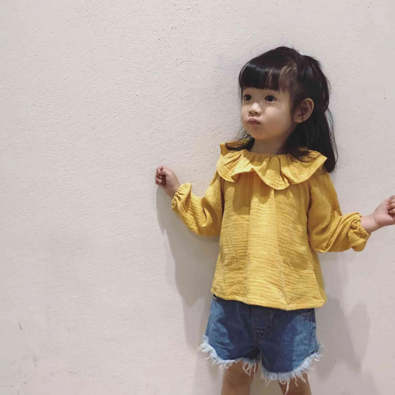 Höst koreanska stil söta tjejer bomull linne dot blouses baby flicka långärmad docka krage casual tröjor kläder barn toppar 1-5y 210508