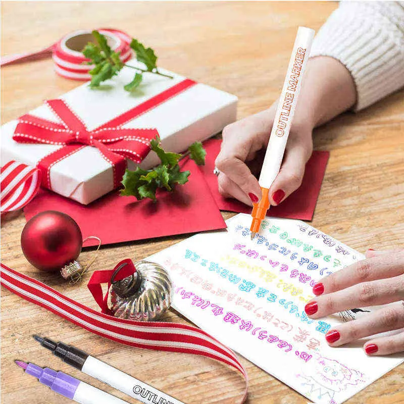 Double Line Pen, 8 цветов Блеск маркера ручки флуоресцентные ручки для письма подарочной карты, рисунок, DIY Art Crafts 211104