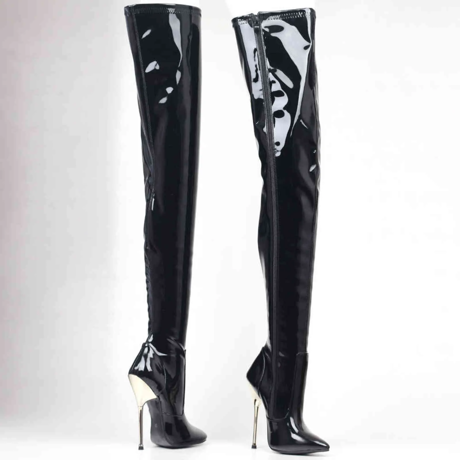 JIALUOWEI 36-46 Big Size PU leather thigh high boots 14cm high heel pointed toe over the knee long boots in stock fast shipping H1123