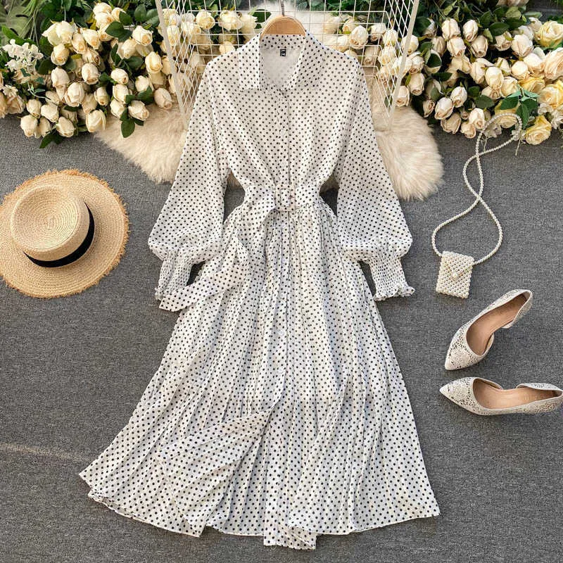 Bahar ve Yaz Fransız Vintage Maxi Elbise Sundress Bayanlar Uzun Kollu Turuncu Polka Dot Şifon Pileli Elbiseler Femme Robe 210915