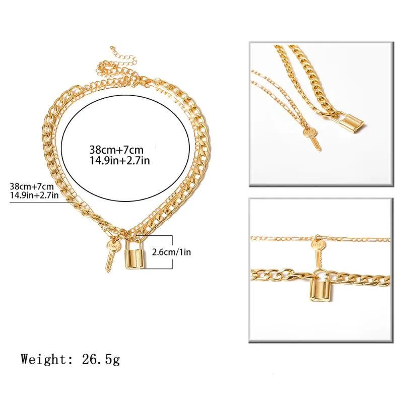 Ingesight Z 2st Set Vintage Multi Layer Padlock Choker Halsband Fashion Gold Color Lock Key Pendant Halsband för kvinnors smycken C304L