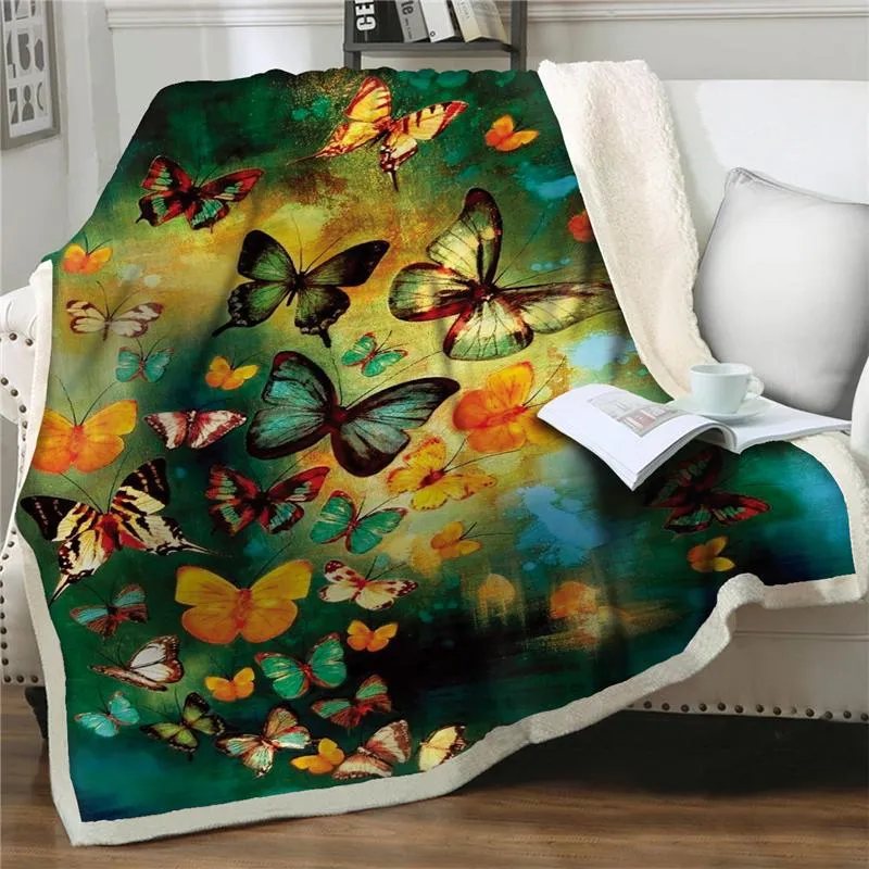 Blankets Cartoon Colorful Butterfly Printed Sherpa Blanket Thicken Soft Flannel Sofa Bedding Bedspread Quilt Cover Home Textiles254N