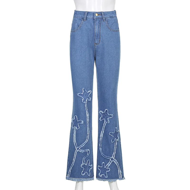 Ricamo floreale Nappa Blu Y2K Flare Jeans ragazze Moda femminile Donna Vintage Denim Pantaloni a vita alta Pantaloni Capris 210510