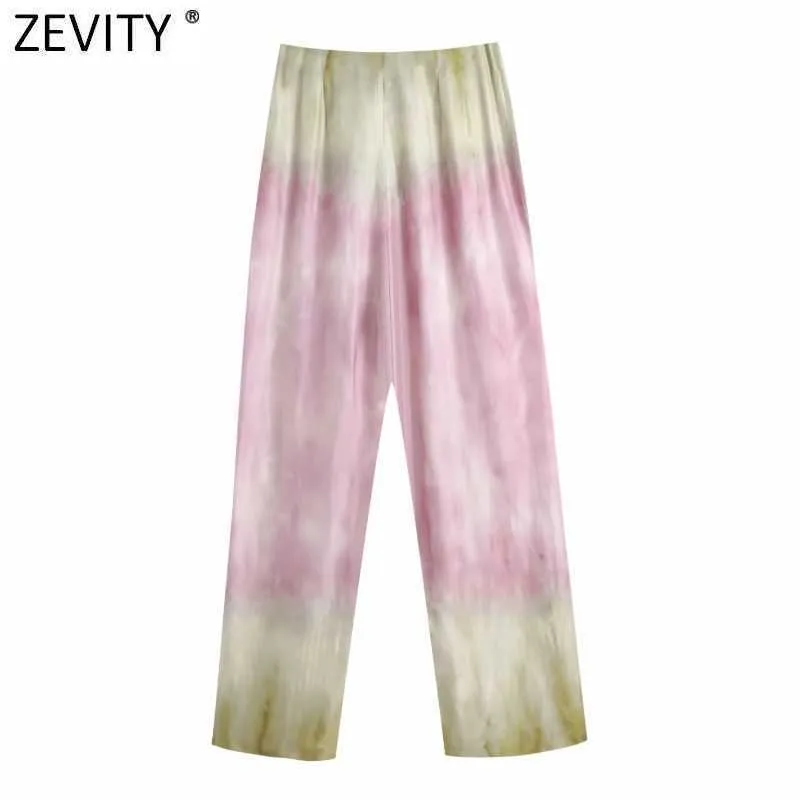 Zevity Femmes Mode Gragual Couleur Tie Dyed Impression Satin Large Jambe Pantalon Rétro Femelle Fermeture Éclair Latérale Chic Long Pantalon P1030 210925