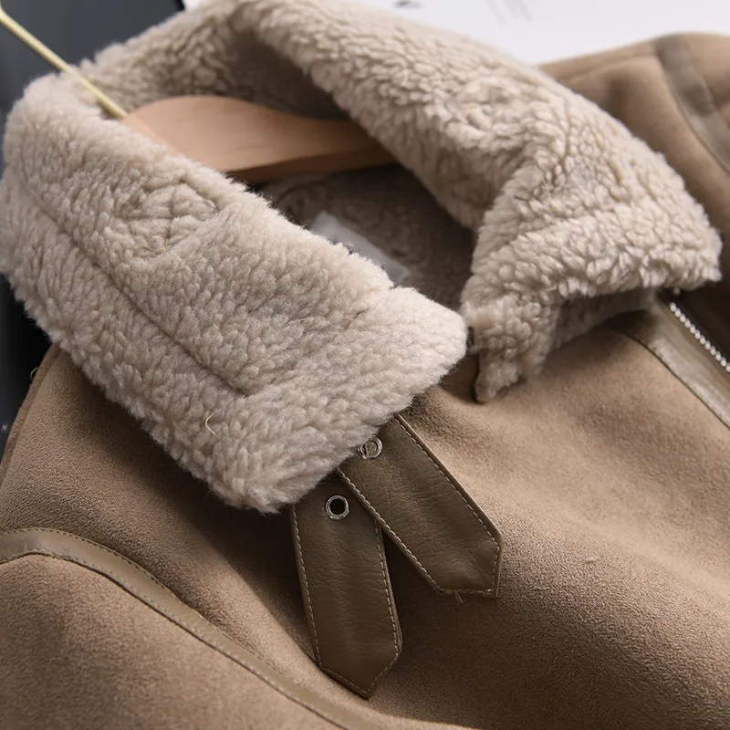 디자이너 겨울 여성 두꺼운 따뜻한 스웨이드 양고기 재킷 짧은 오토바이 갈색 코트 인조 시어링 양가죽 가죽 재킷 아웃복