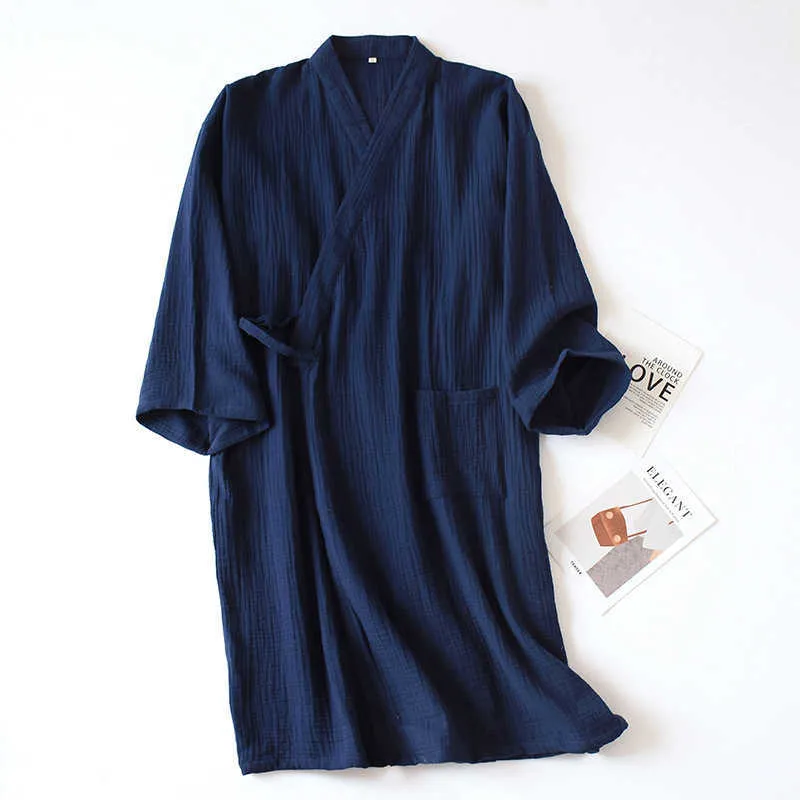 Spring Kimono de style japonais et d'été 100% coton crêpe dames Mince chemise de nuit Men Hommes peignoir Robe Home Service Pyjamas 210924