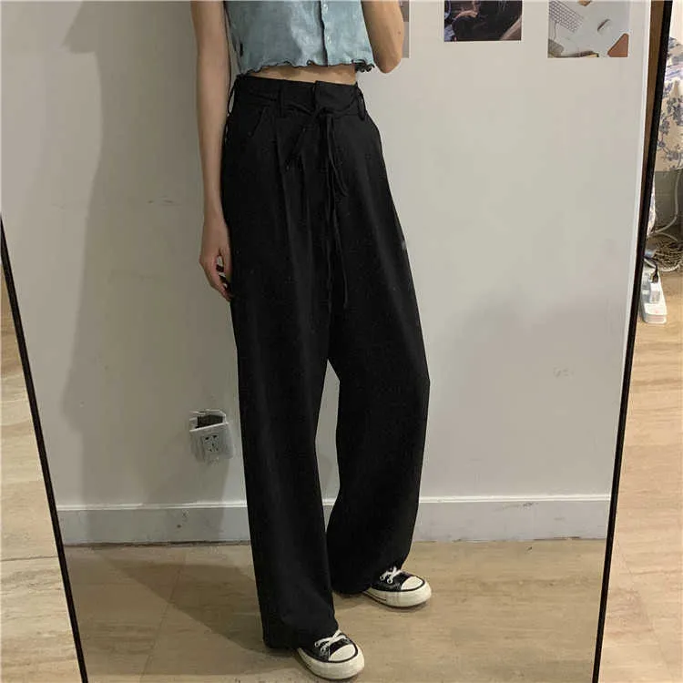 Pantalon taille haute en vrac avec cordon de serrage gris pour femmes Mujer Pantalones Streetwear Casual Straight Black Wide Leg Pants Costumes 210610