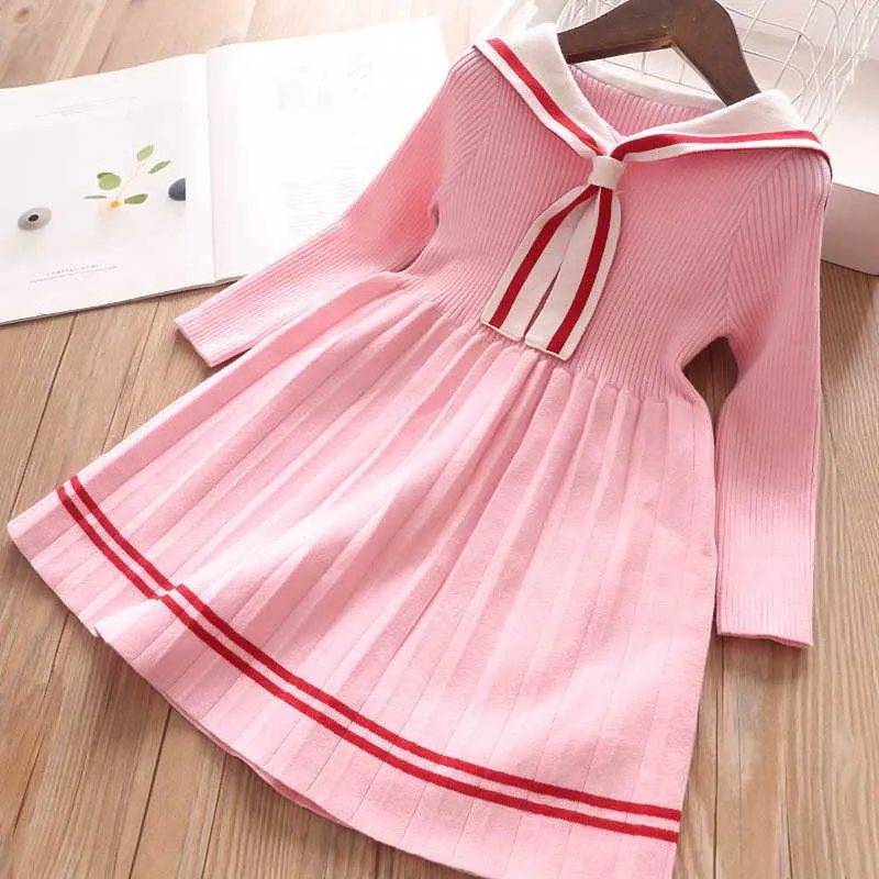 Cartoon Rabbit Sailor Collar Girls Dress Winter Knitted Cotton Preppy Style Baby Kids Clothes 2-10Y E3232 210610