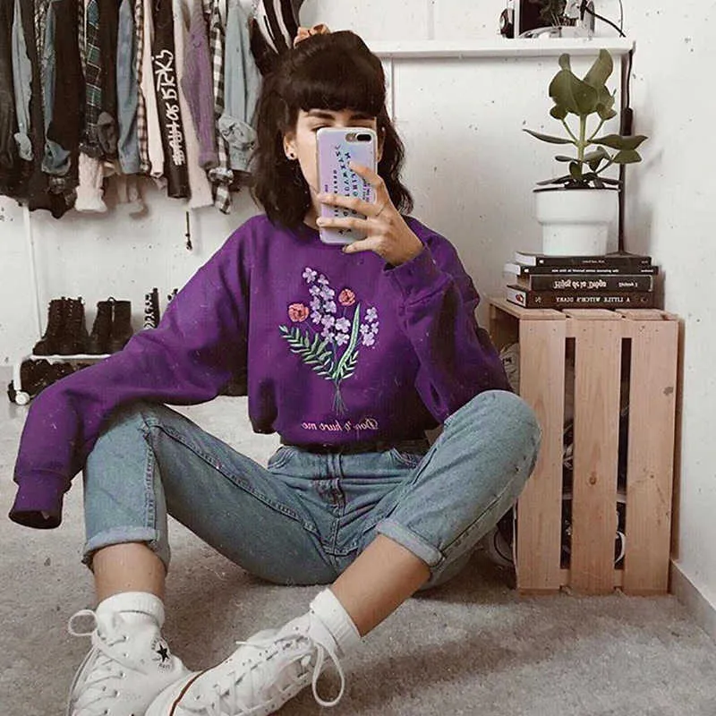 Colysmo Crewneck Sweatshirt Purple Floral Lange Mouw Pullovers Geborduurde Hoodie Casual Streetwear Fall Dameskleding 210527