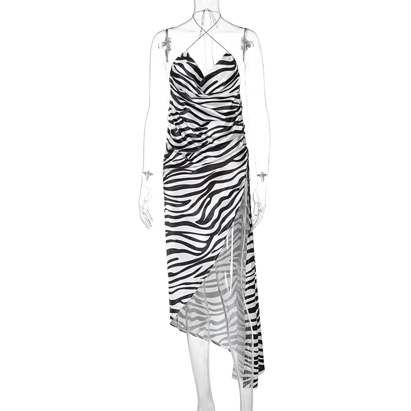 Y2K Senza maniche Backless Halter Fessura Zebra Stripes Stampa Sexy Maxi Slip Dress Summer Women Fashion Club Abiti lunghi 210517