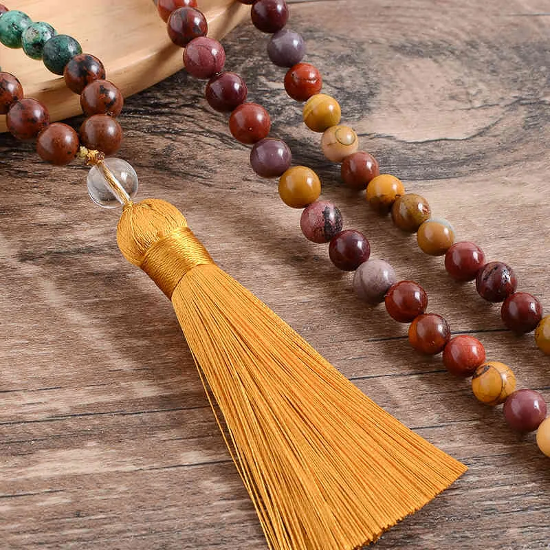 Collier en pierre d'obsidienne d'acajou naturelle de 8mm et collier Mookaite pour femmes et hommes, ensembles Japamala, méditation Yoga, 108 perles Mala, bijoux