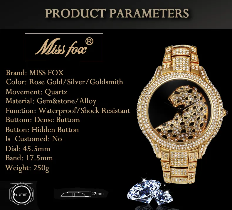 Miss Fox Role Watch Men Diamond Gold Mens Watches Top Black Simple Tiger Xfcs Business Men's Quartz Watchs294K