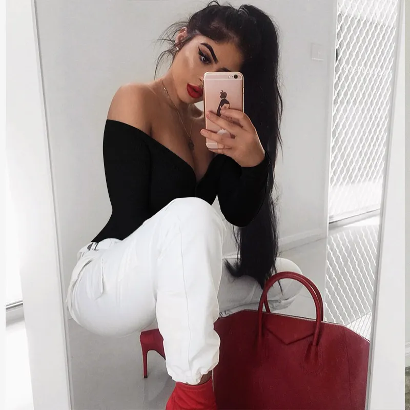 Spring Autumn Solid Color V-Neck Long Sleeve Bodysuit Women Sexy Button Strapless Jumpsuit Casual Black Bodycon Body Top 210514