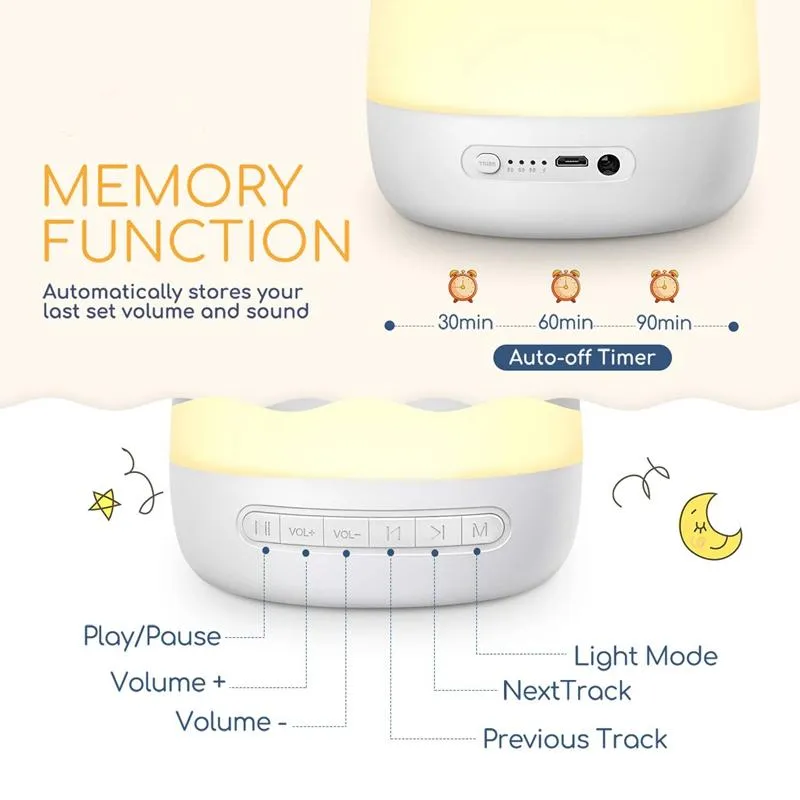 Gece Işıkları Bebek Ses Makinesi Beyaz Gürültü Işıklı 28 Yatıştırıcı Sesler 32 Hacim Seviyesi Zamanlayıcı Bellek Fonksiyonu290K