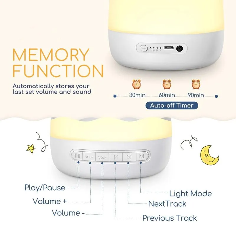 Luzes noturnas Máquina de som do bebê ruído branco com luz 28 sons calmantes 32 níveis de volume Função de memória do temporizador290K