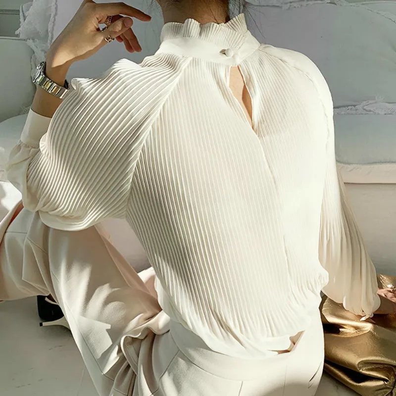 Ezgaga французский стиль элегантные рубашки женские стойки воротник плиссированные шикарные свободные сплошные длинные рукава топы офис леди пустотеть мода 210430