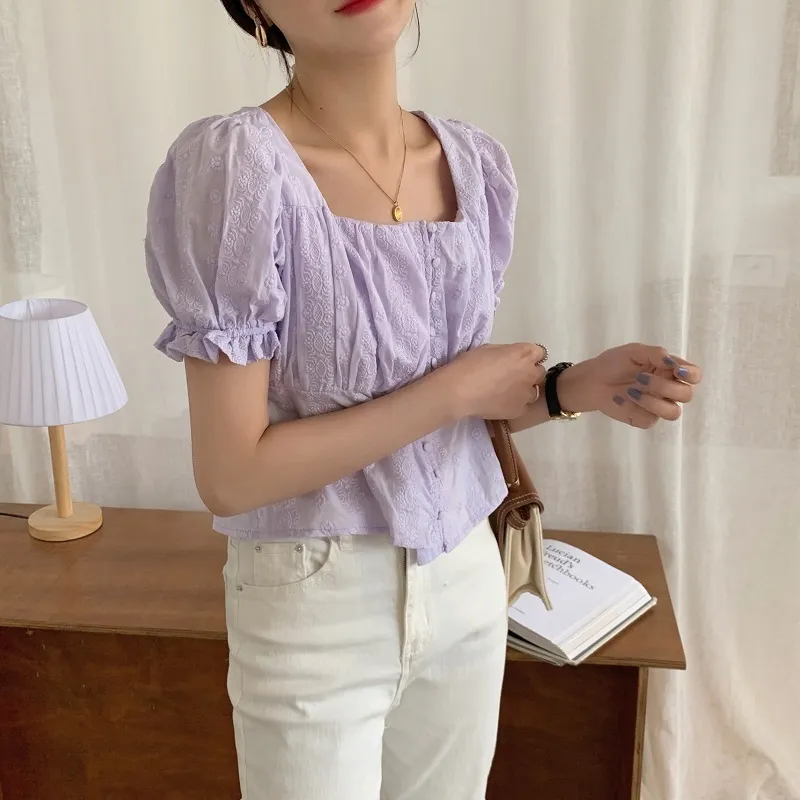 Purple Summer Girls Femme Taille haute Broderie Street Chic Chemises Manches bouffantes Casual OL Blouses 210525