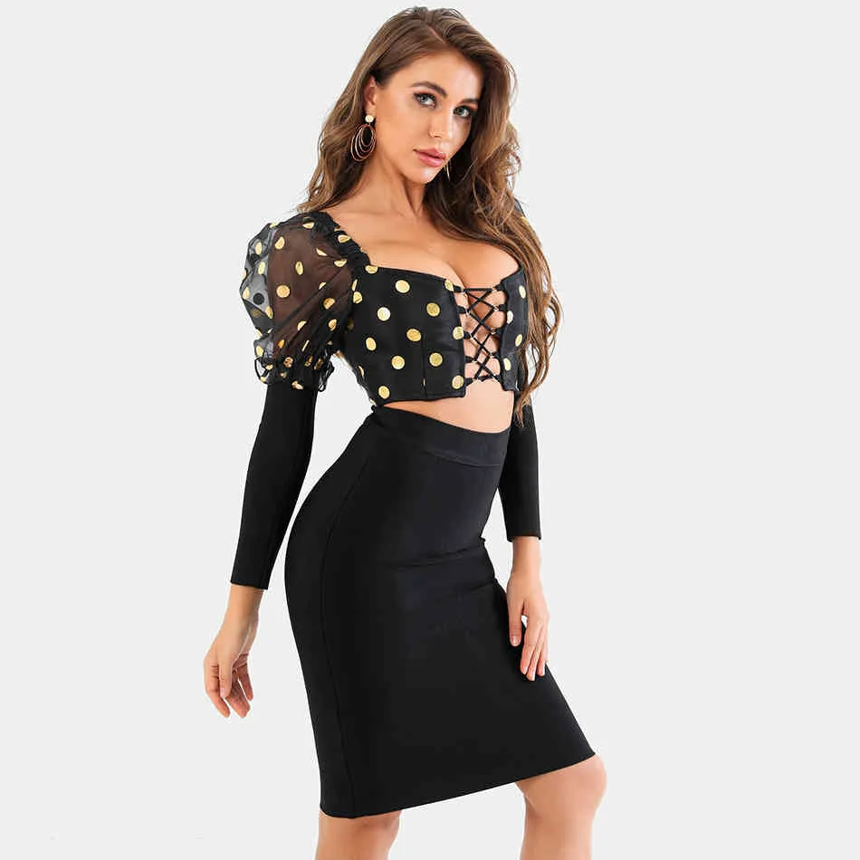 Free Women's Set Sexy Square Neck Puff Sleeve Polka Dot Hollow Short Top & Tight Bandage Skirt Two-piece 210524