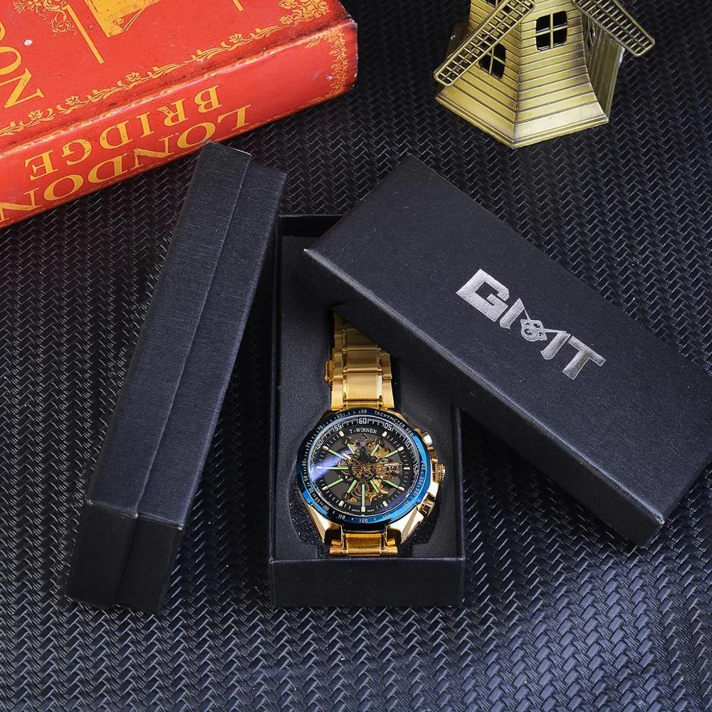 Winnaar Blauw Licht Glas Nieuwe Mode Heren Horloges Zwart Gouden Roestvrij Staal Waterdicht Sport Automatisch Horloge Lichtgevende Clock345Q