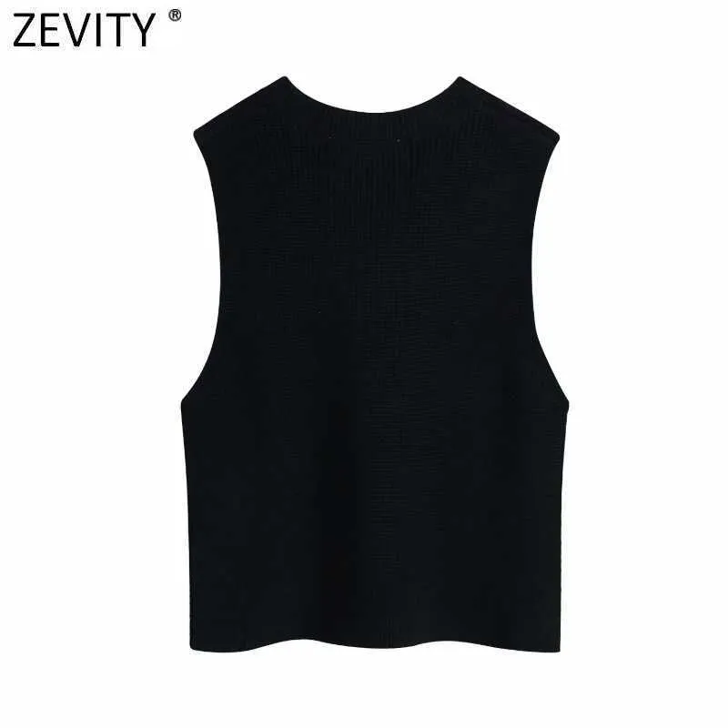 Zevity Donna Moda Scollo a V Colore nero Maglione lavorato a maglia Donna Chic Gilet senza maniche Casual Slim Pullover Top S582 210603