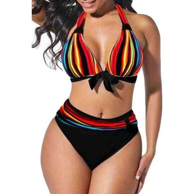 S5XL Plus Size Neon Striped Bikini Set Push Up Women High Waist Halter Beach Swimwear Retro Bowknot Bathing Suit Swimming Suit94948449297