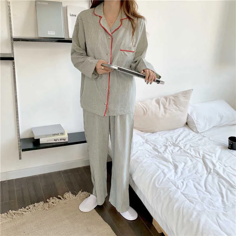 Two Pieces Suit Cardigans Striped Cotton Nightwear Sweet Soft Casual Homewear Loose Fashion Pajamas Sets 210525