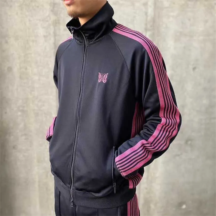 2020 Pink Stripe Needles Jackets Men Women Pink butterfly embroidery Needles AWGE Jacket Hip Hop High Quality Awge Coats X0710