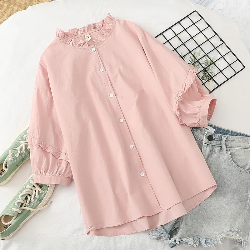 Hsa Blouses for Women Fashion White Shirts Peter Pan Collar Cute Pink Pure Cotton Summer Top Chic Harajuku Blouse 210417