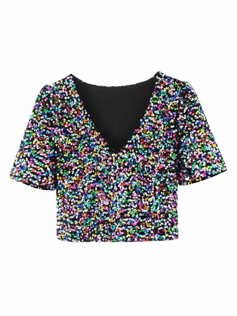 Sexy Woman Colorful Sequined V Neck Tops Spring Summer Fashion Ladies Shiny Club T-Shirt Female Chic Blingbling Top 210515