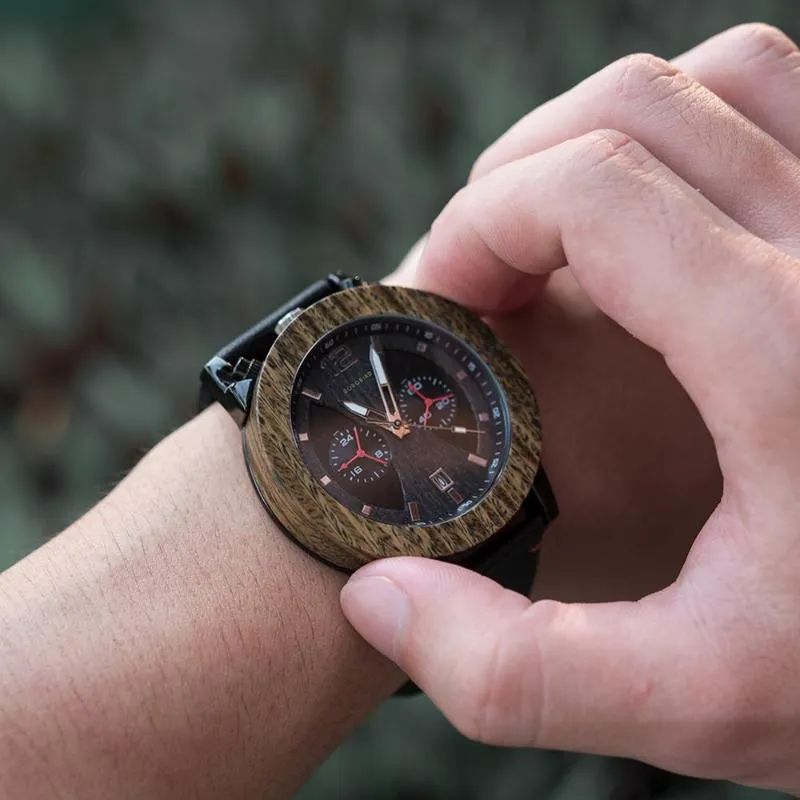 Homem Wooden Wirst Watches Data Auto Montre Bois Homme Complete Calendário Relógio Banda de couro personalizada para masculino Drop Wristwatches221T