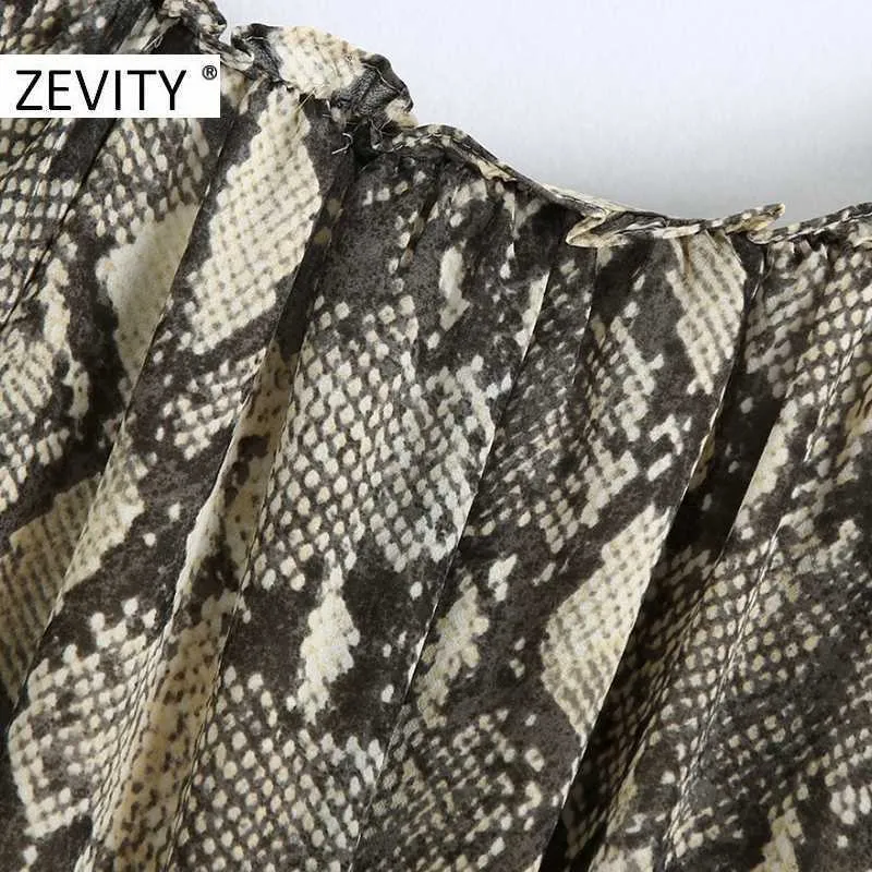 Zevity 여성 빈티지 뱀 피부 인쇄 새시 미디 드레스 여성 동물 질감 주름진 러프 기모노 Vestido 세련된 드레스 DS4474 210603