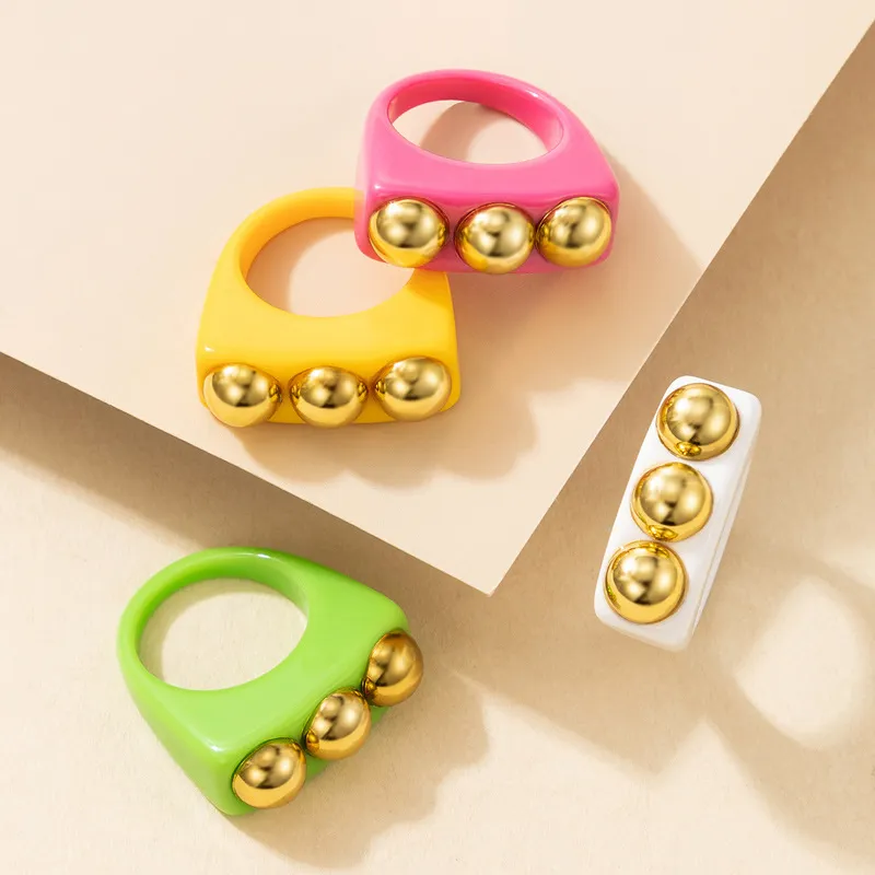 10 pçs elegância 2021 punk anéis de resina para mulheres quadrado acrílico dourado grânulo anel feminino festa estética jóias 3284543