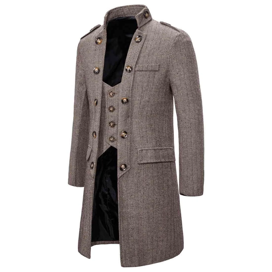 Herringbone Trench Coat Men Fake Två Pieces Long Jacket Mens Casual Slim Warm Vintage Retro Overcoat Oversized Windbreaker Coats 210524