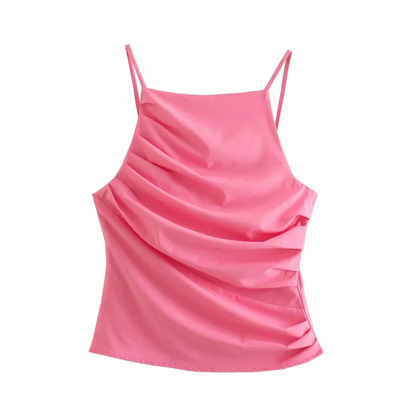 Pink Halter Top Mujer Blanco Crop Mujeres Fruncido Correa Sin mangas Verano de mujer Sin espalda Sexy Tanks Camis 210519