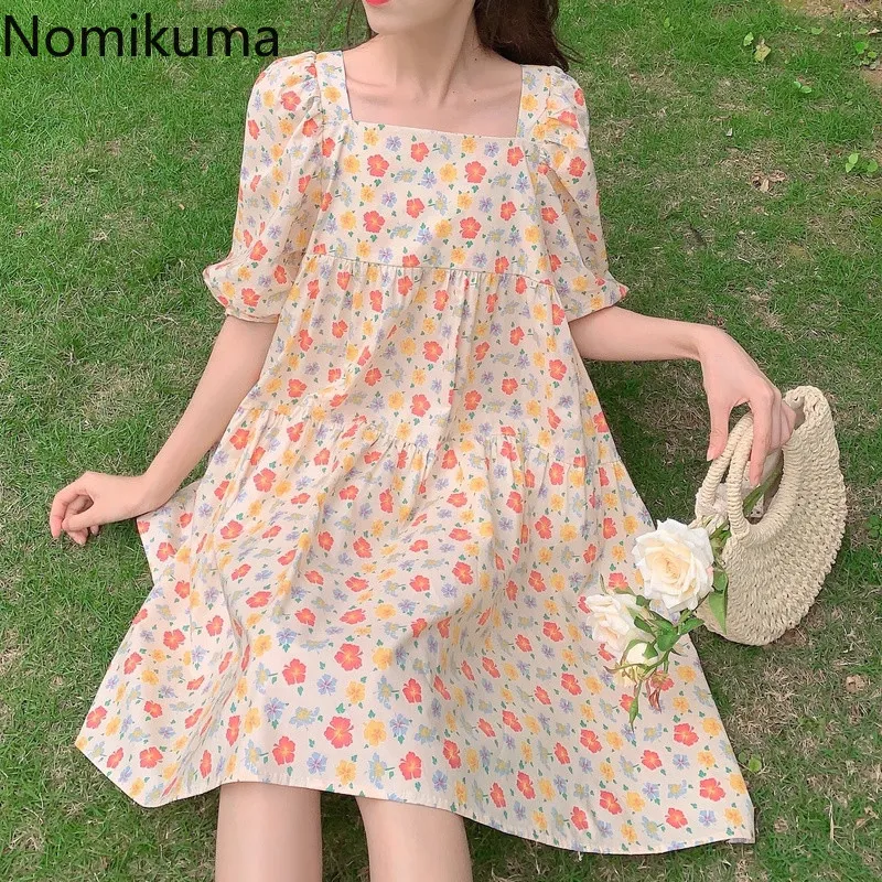 Nomikuma Japan Stil Süße Sommer Kleid Frauen Robe Femme Quadrat Kragen Puff Sleeve Kleider Chic Floral Gedruckt Vestidos 210514