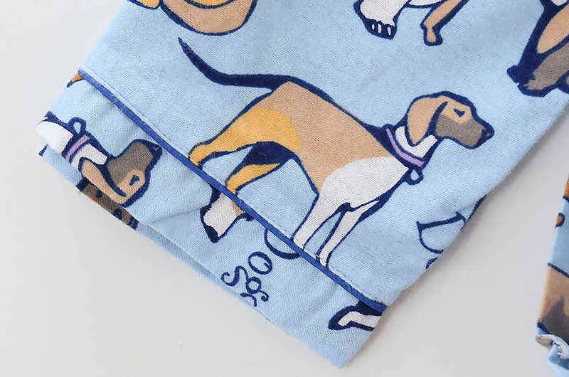 Mujeres Men Pajamas Estampado de perros Cotton Pijama 2 piezas Conjunto de pantalones elásticos de manga larga