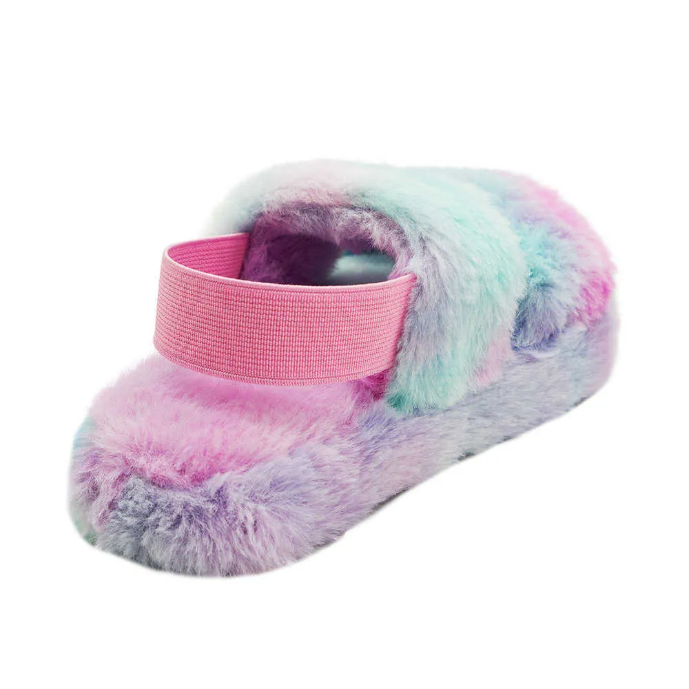 Plush Slippers Kids Winter Cross Band Furry Indoor Shoes Open Toe Fluffy House Slippers 211119