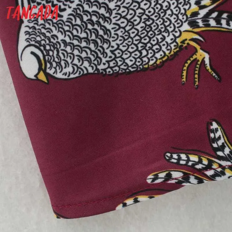 Tangada Moda Donna Abito camicia con stampa uccello con taglio Abito longuette vintage da donna a maniche lunghe da ufficio XN108 210609