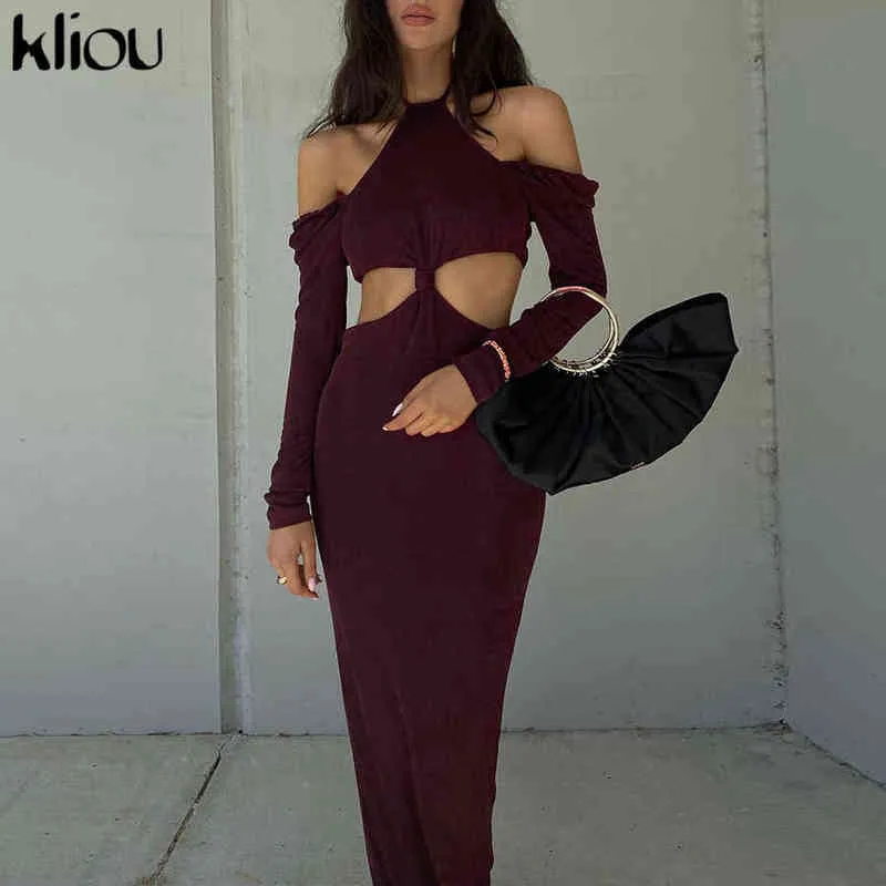 Kliou Sexy Party Women Maxi Dresses Elegant Cut Hollow Out Lace Up Neck-Mounted With Long Sleeve Club Female vestido de mujer Y1204