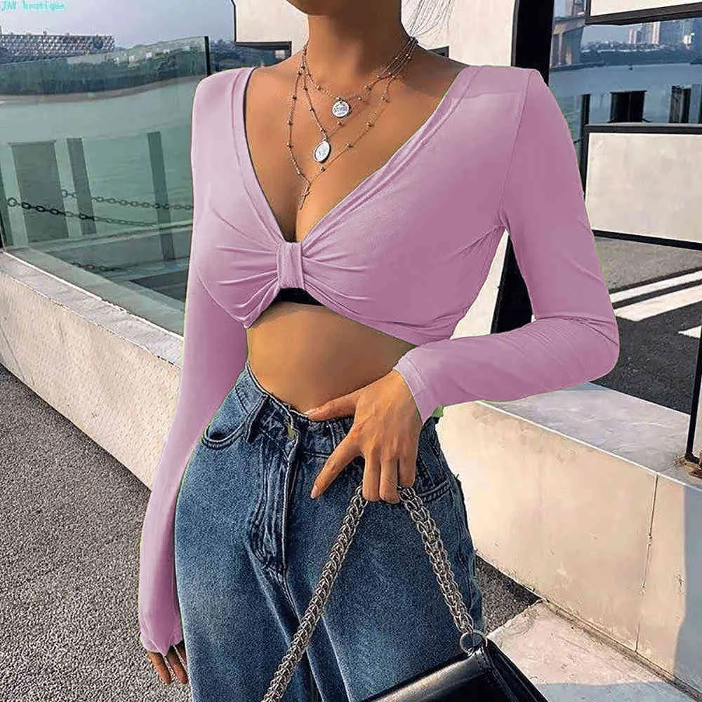 Sexy Girl Neon Green V Neck Long Sleeve Crop Top T Shirt Spring Y2K Clothes Women Club Tight Ruched Cropped Tshirts 210517