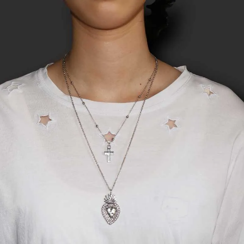 Pendentif Colliers plaqué argent style mexicain catholique sacré coeur croix charme chapelet collier bricolage bijoux faits à la main artisanat 274B